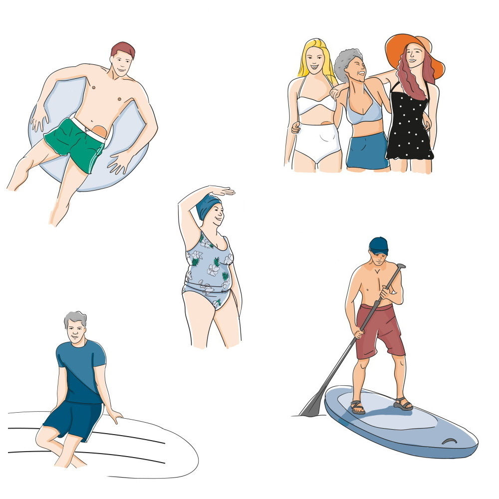 ilustração de pessoas em trajes de banho