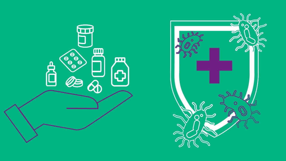 Ilustração de uma mão com muitos medicamentos e um escudo protetor contra micróbios à direita