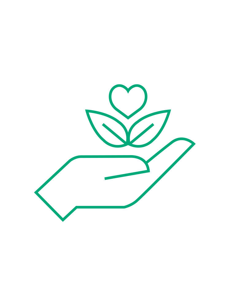 Mão aberta, folhas com um coração - ícone de sustentabilidade da B. Braun 