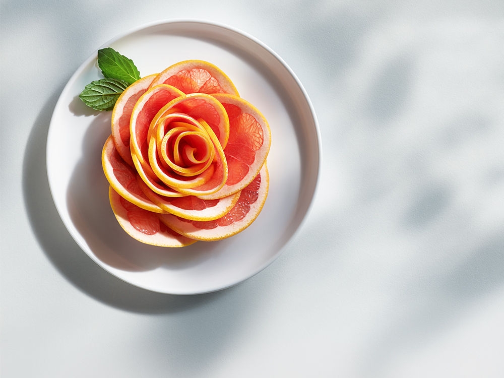 Fatias de toranja dispostas em forma de flor com duas folhas de hortelã em um prato – usadas no contexto de emulsões lipídicas contendo ácidos graxos ômega-3.
